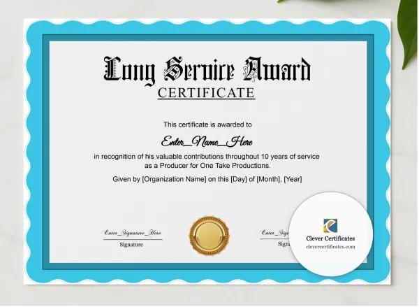 Long Service Award Certificate presented in a sleek wooden frame, elegantly arranged on a stylish table.