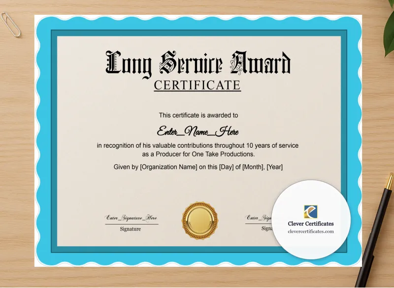 Professional preview of Long Service Award Certificate certificate on high-quality stationery paper, ideal for showcasing the final look.