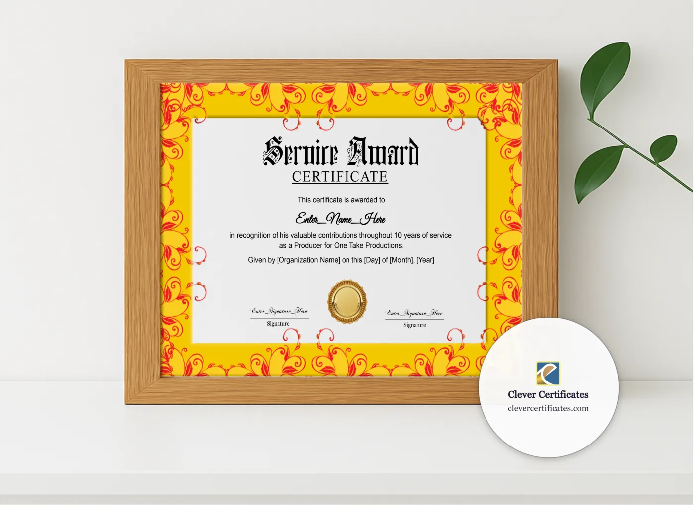 Realistic mockup featuring Service Award Certificate displayed within a modern frame, set against a minimalistic background.