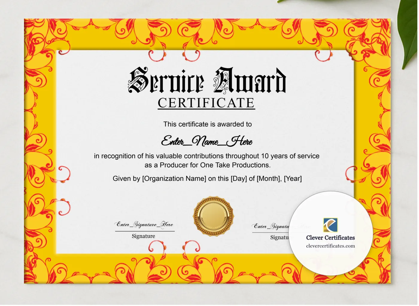 Service Award Certificate presented in a sleek wooden frame, elegantly arranged on a stylish table.