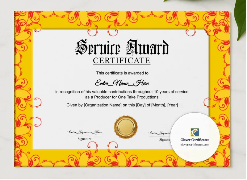 Service Award Certificate presented in a sleek wooden frame, elegantly arranged on a stylish table.