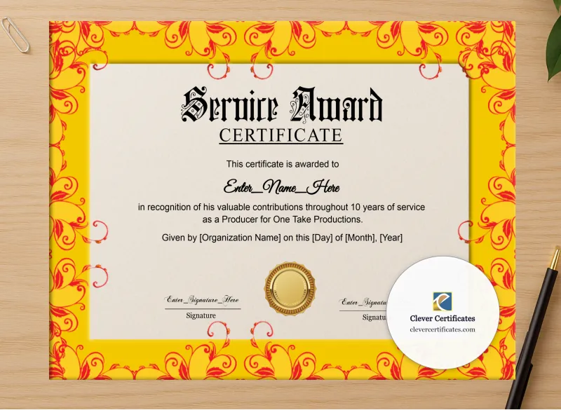 Professional preview of Service Award Certificate certificate on high-quality stationery paper, ideal for showcasing the final look.