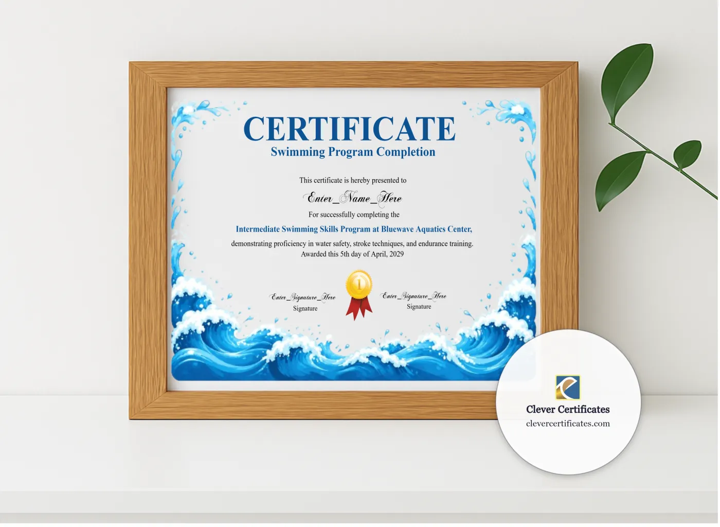 Realistic mockup featuring Swimming Certificate displayed within a modern frame, set against a minimalistic background.