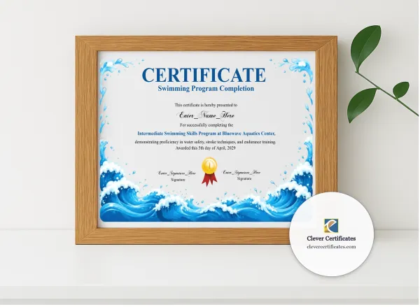Realistic mockup featuring Swimming Certificate displayed within a modern frame, set against a minimalistic background.