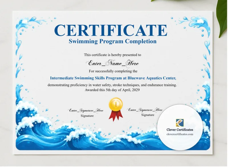 Swimming Certificate presented in a sleek wooden frame, elegantly arranged on a stylish table.
