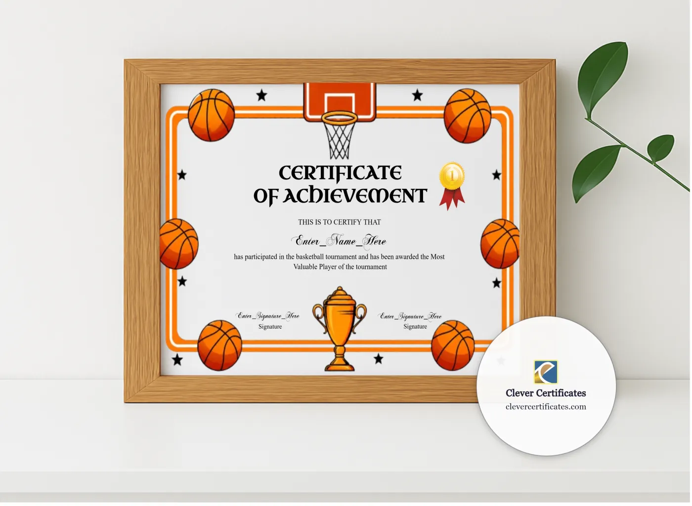 Realistic mockup featuring Basketball MVP Certificate displayed within a modern frame, set against a minimalistic background.