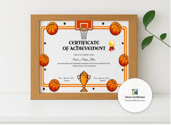 Realistic mockup featuring Basketball MVP Certificate displayed within a modern frame, set against a minimalistic background.