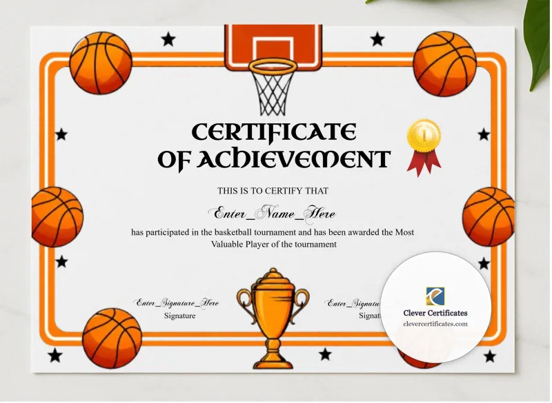 Basketball MVP Certificate presented in a sleek wooden frame, elegantly arranged on a stylish table.