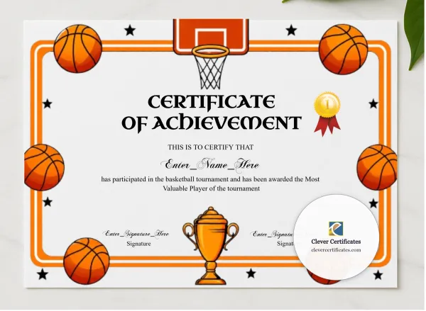 Basketball MVP Certificate presented in a sleek wooden frame, elegantly arranged on a stylish table.
