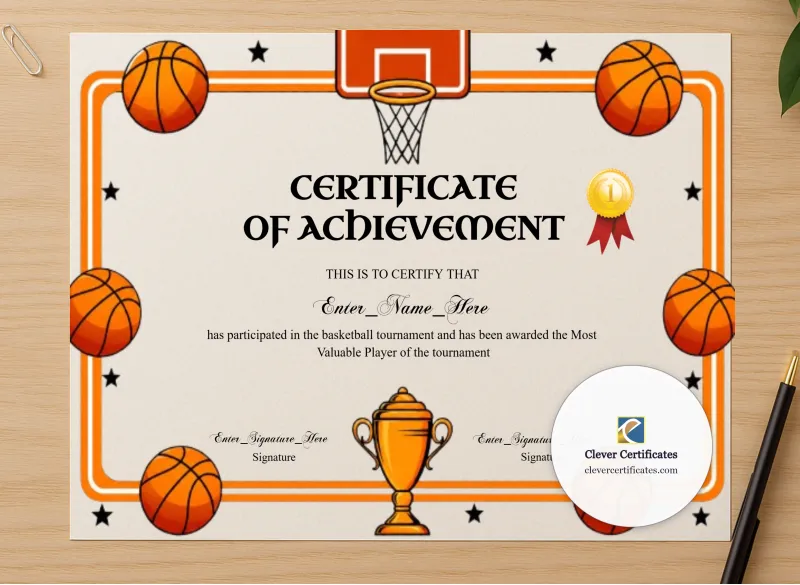 Professional preview of Basketball MVP Certificate certificate on high-quality stationery paper, ideal for showcasing the final look.