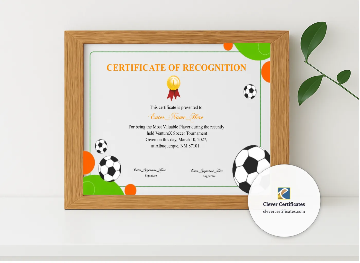 Realistic mockup featuring Soccer Certificate displayed within a modern frame, set against a minimalistic background.