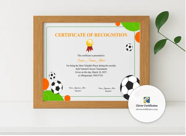 Realistic mockup featuring Soccer Certificate displayed within a modern frame, set against a minimalistic background.