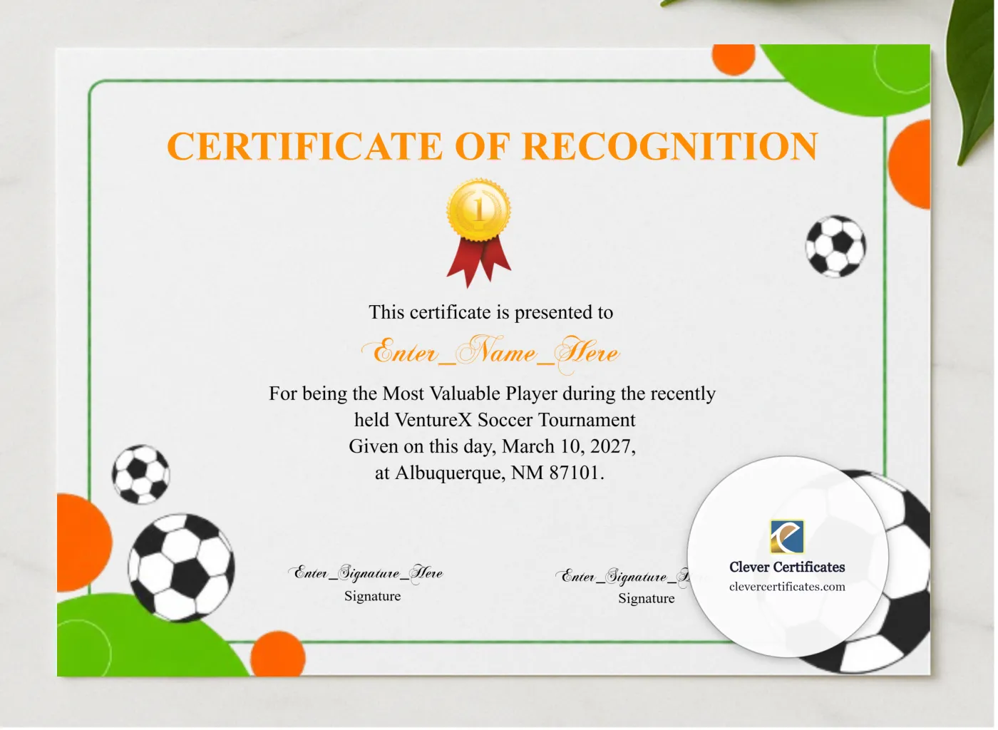 Soccer Certificate presented in a sleek wooden frame, elegantly arranged on a stylish table.