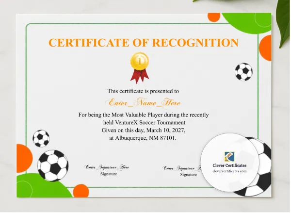 Soccer Certificate presented in a sleek wooden frame, elegantly arranged on a stylish table.
