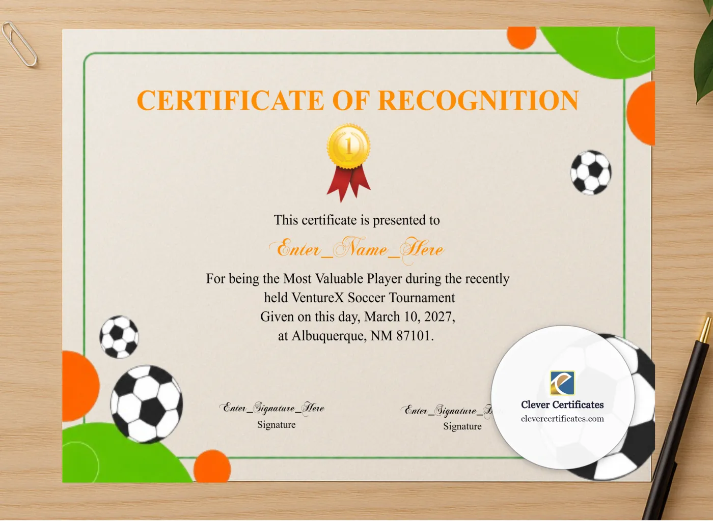 Professional preview of Soccer Certificate certificate on high-quality stationery paper, ideal for showcasing the final look.