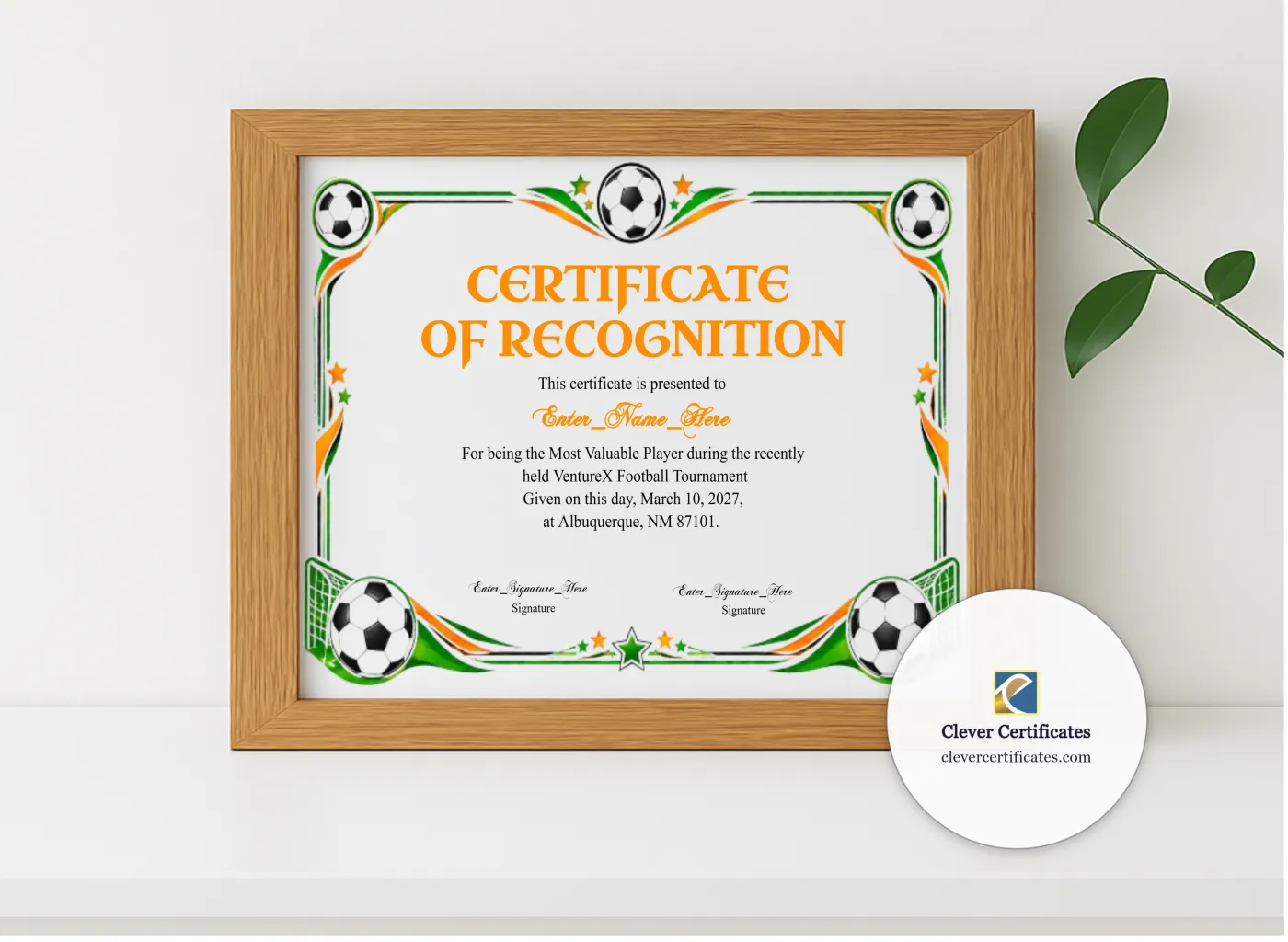 Realistic mockup featuring Football Certificate displayed within a modern frame, set against a minimalistic background.