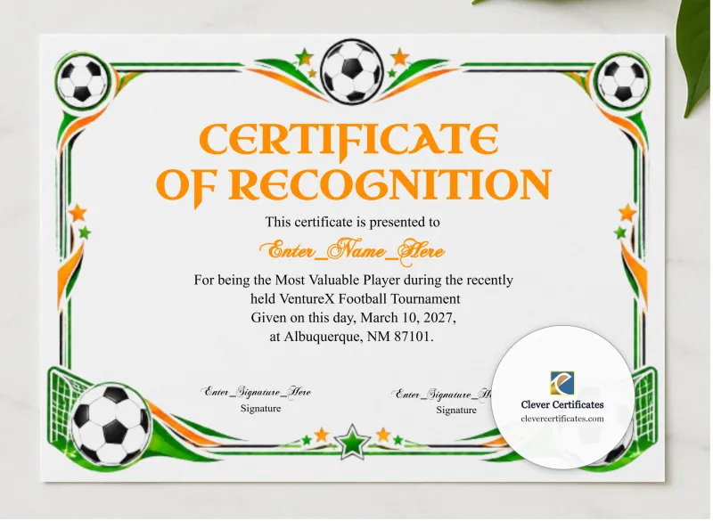 Football Certificate presented in a sleek wooden frame, elegantly arranged on a stylish table.
