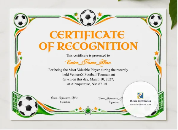 Football Certificate presented in a sleek wooden frame, elegantly arranged on a stylish table.