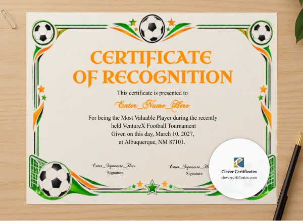 Professional preview of Football Certificate certificate on high-quality stationery paper, ideal for showcasing the final look.