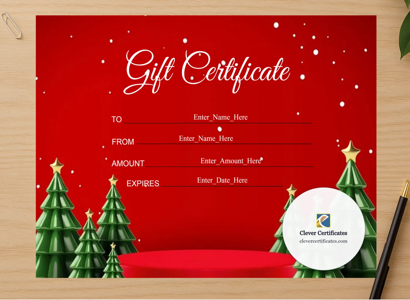 Professional preview of Holiday Gift Certificate certificate on high-quality stationery paper, ideal for showcasing the final look.