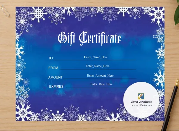 Professional preview of Christmas Gift Voucher certificate on high-quality stationery paper, ideal for showcasing the final look.