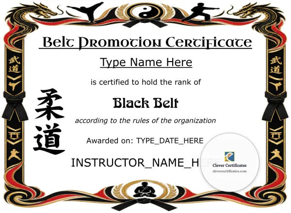 Free Black Belt Promotion Certificate — Landscape