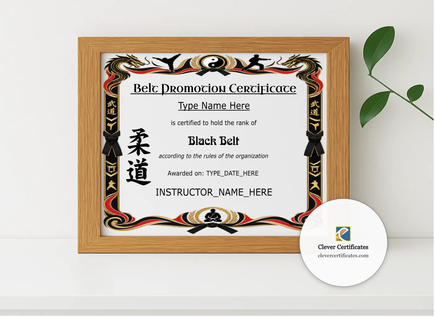 Realistic mockup featuring Black Belt Certificate displayed within a modern frame, set against a minimalistic background.