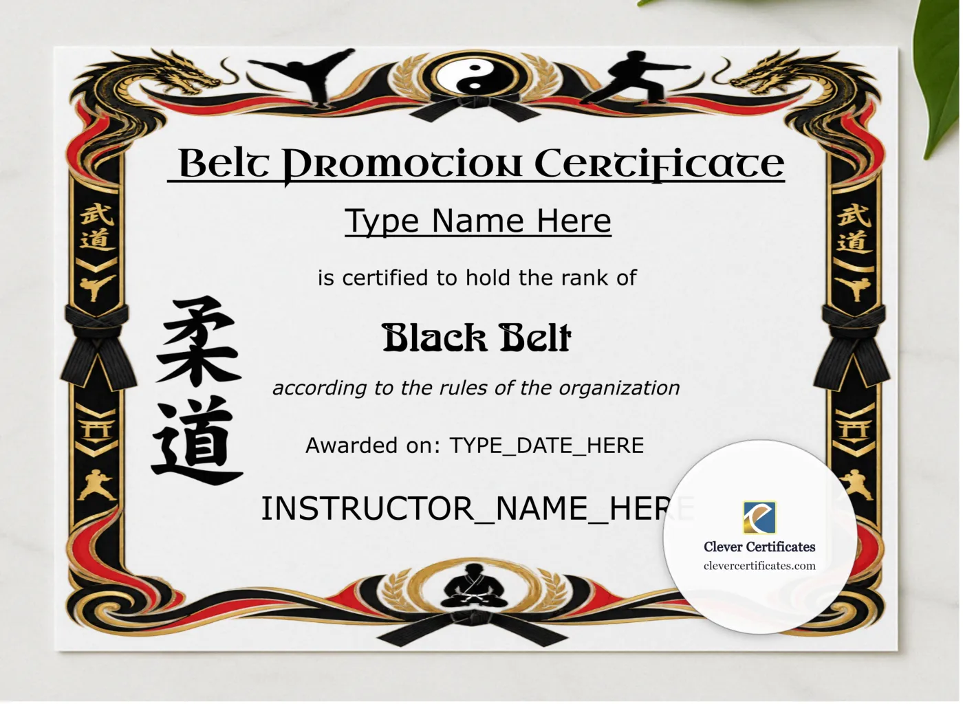 Black Belt Certificate presented in a sleek wooden frame, elegantly arranged on a stylish table.