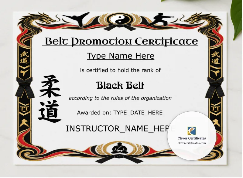 Black Belt Certificate presented in a sleek wooden frame, elegantly arranged on a stylish table.