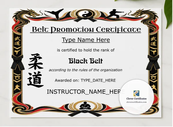 Black Belt Certificate presented in a sleek wooden frame, elegantly arranged on a stylish table.