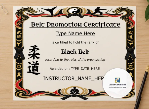 Professional preview of Black Belt Certificate certificate on high-quality stationery paper, ideal for showcasing the final look.