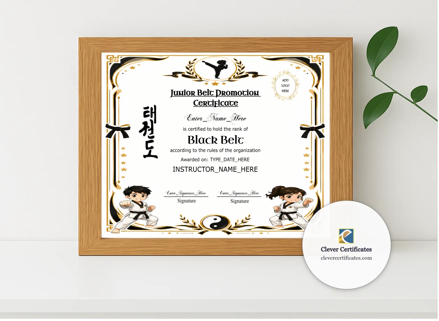 Realistic mockup featuring Junior Black Belt Certificate displayed within a modern frame, set against a minimalistic background.