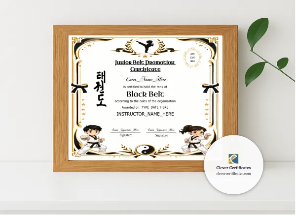 Realistic mockup featuring Junior Black Belt Certificate displayed within a modern frame, set against a minimalistic background.