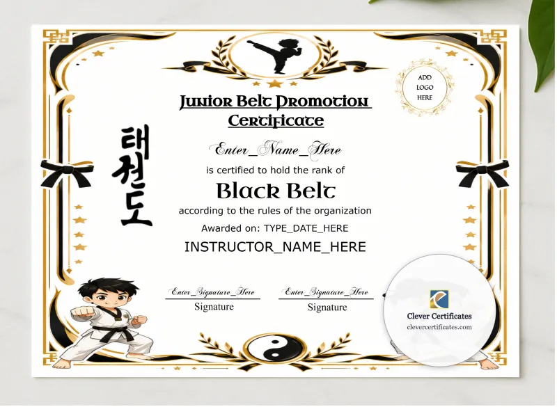 Junior Black Belt Certificate presented in a sleek wooden frame, elegantly arranged on a stylish table.