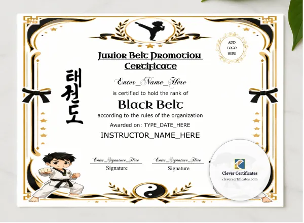 Junior Black Belt Certificate presented in a sleek wooden frame, elegantly arranged on a stylish table.