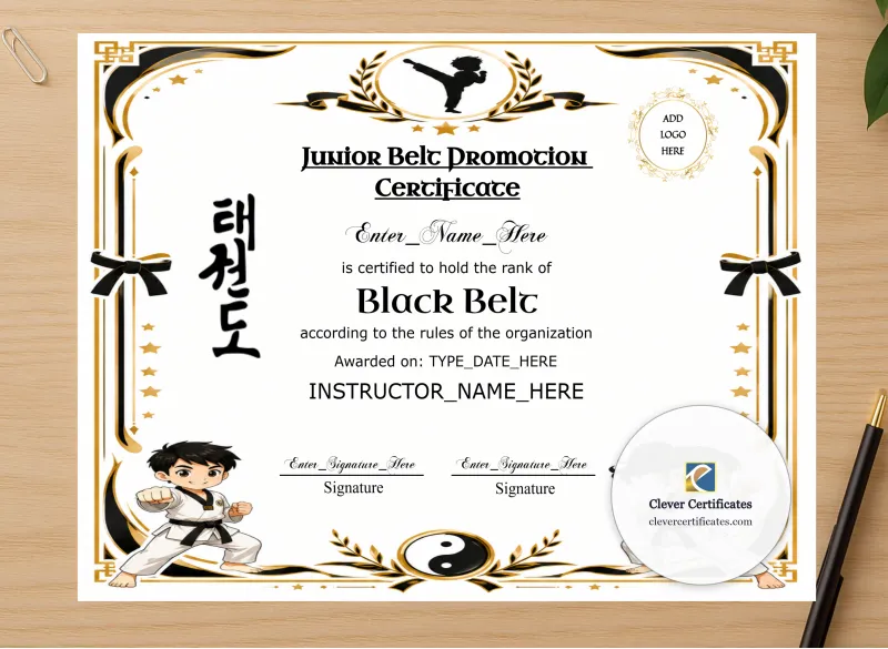 Professional preview of Junior Black Belt Certificate certificate on high-quality stationery paper, ideal for showcasing the final look.