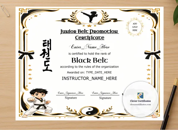 Professional preview of Junior Black Belt Certificate certificate on high-quality stationery paper, ideal for showcasing the final look.