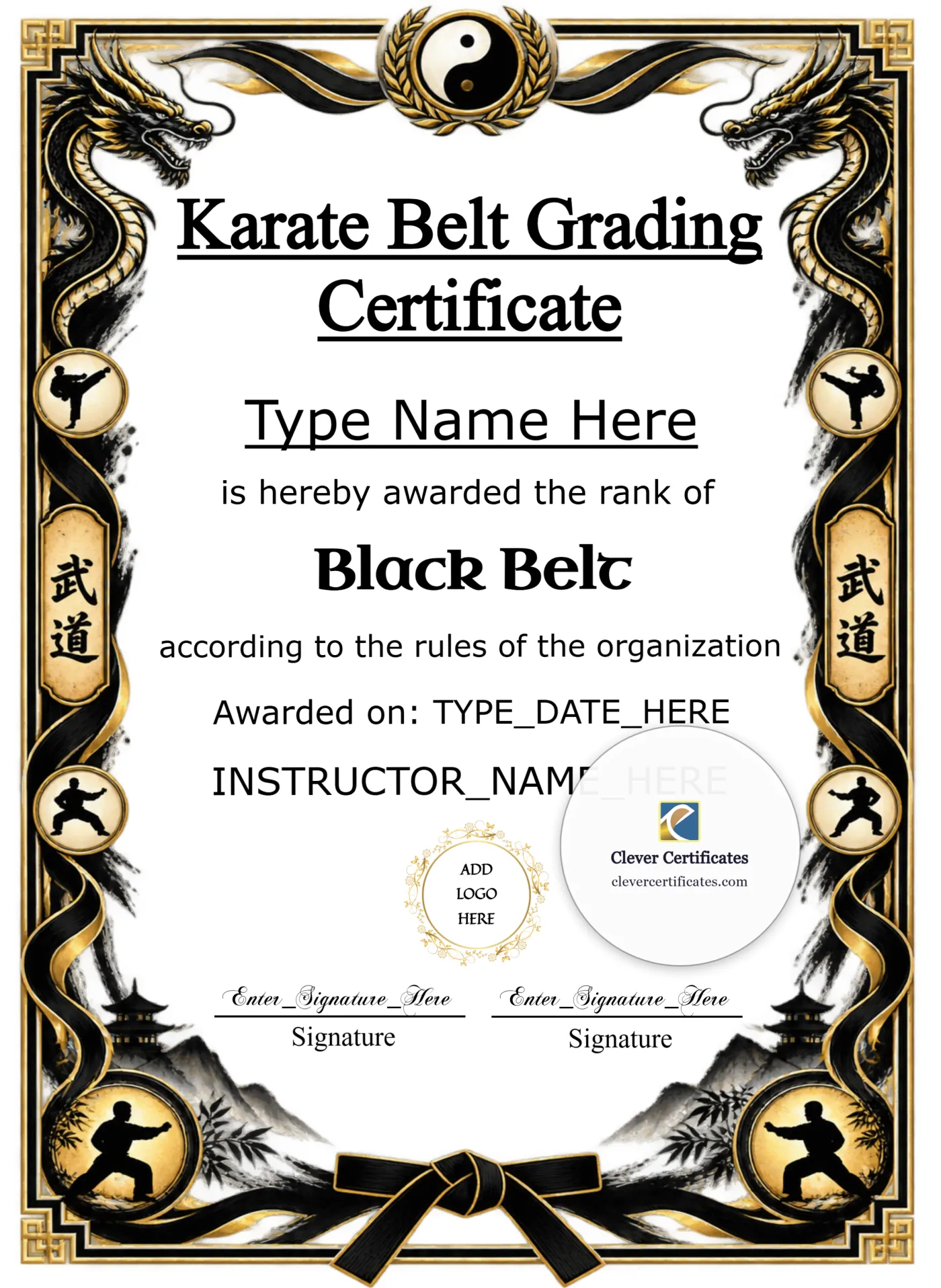 Karate Belt Grading Certificate Portrait — Certificate Template Preview