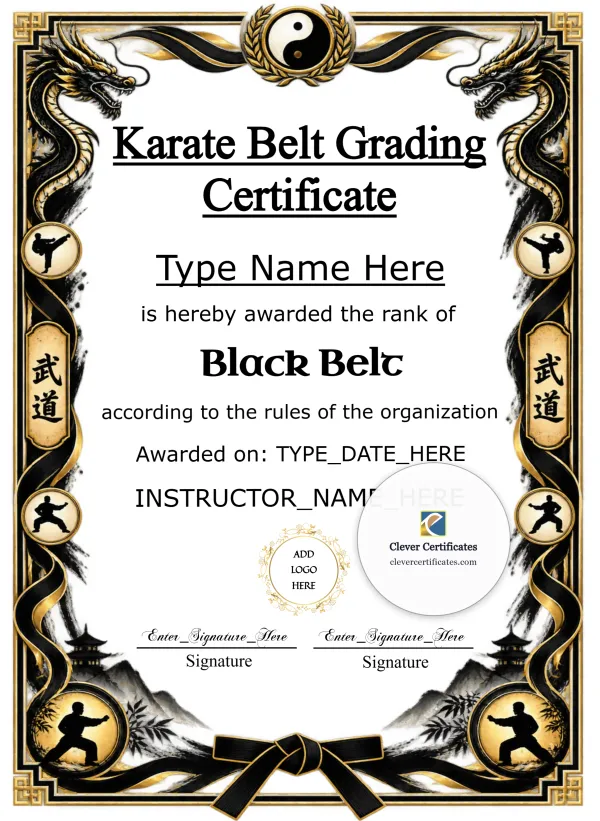 Free Karate Belt Grading Certificate — Black And Gold Dragon Portrait