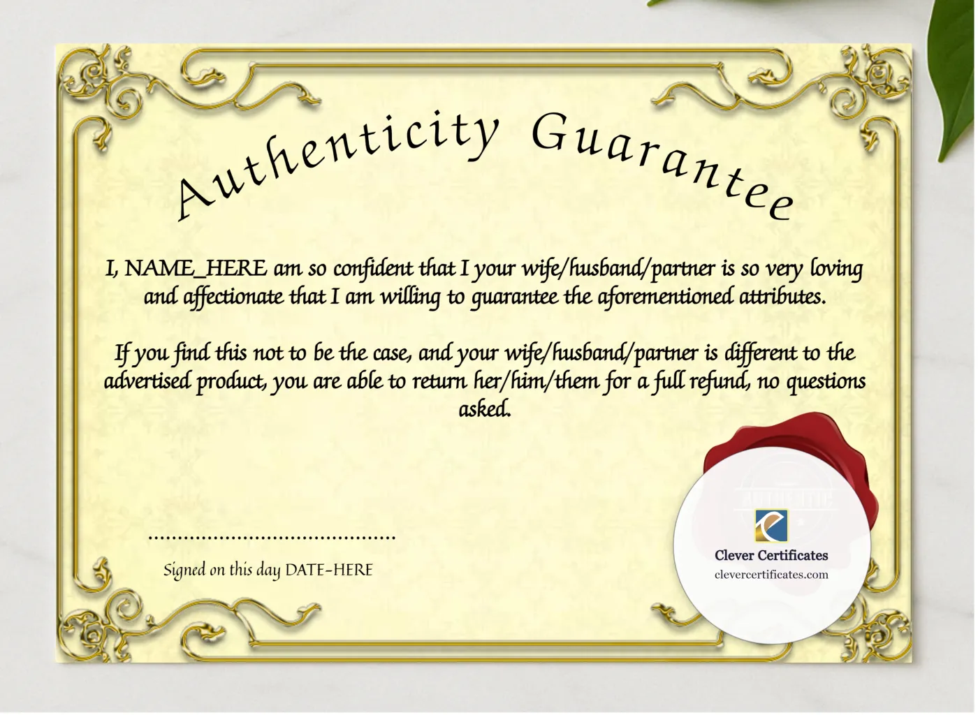 Authentic Spouse presented in a sleek wooden frame, elegantly arranged on a stylish table.