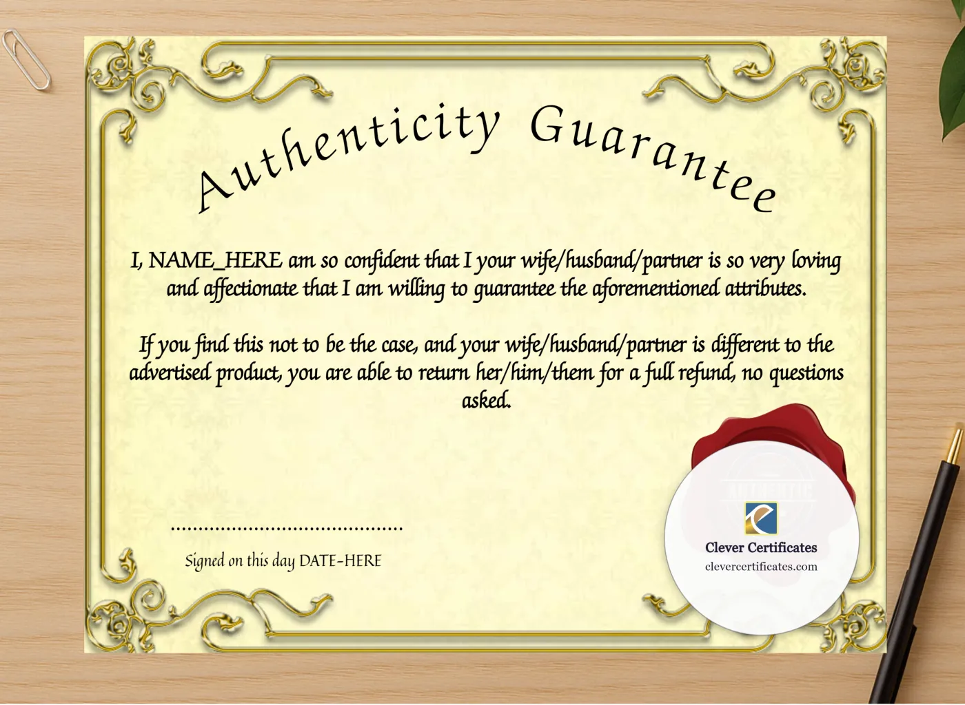 Professional preview of Authentic Spouse certificate on high-quality stationery paper, ideal for showcasing the final look.