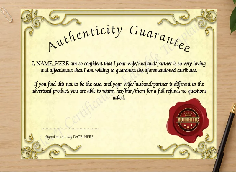 Professional preview of Authentic Spouse certificate on high-quality stationery paper, ideal for showcasing the final look.