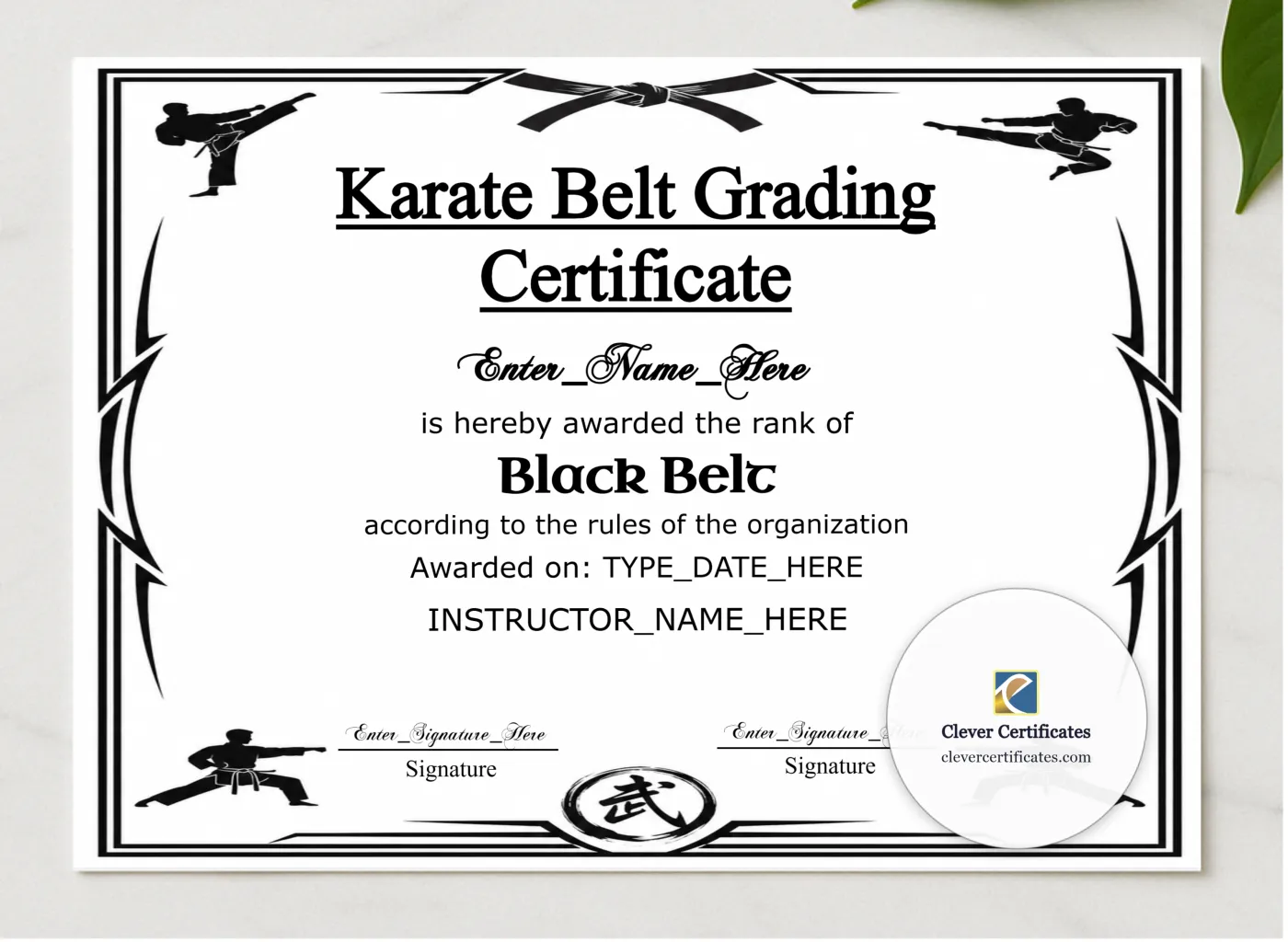 Karate Belt Grading Certificate presented in a sleek wooden frame, elegantly arranged on a stylish table.