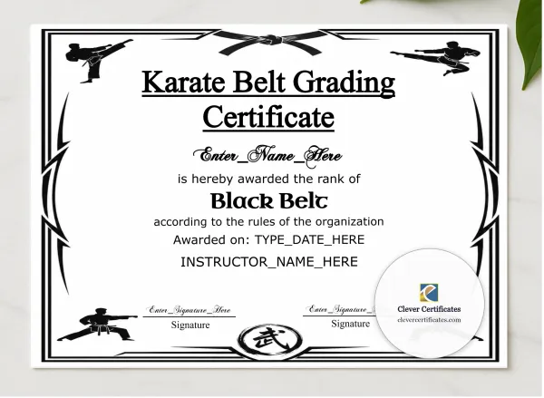 Karate Belt Grading Certificate presented in a sleek wooden frame, elegantly arranged on a stylish table.