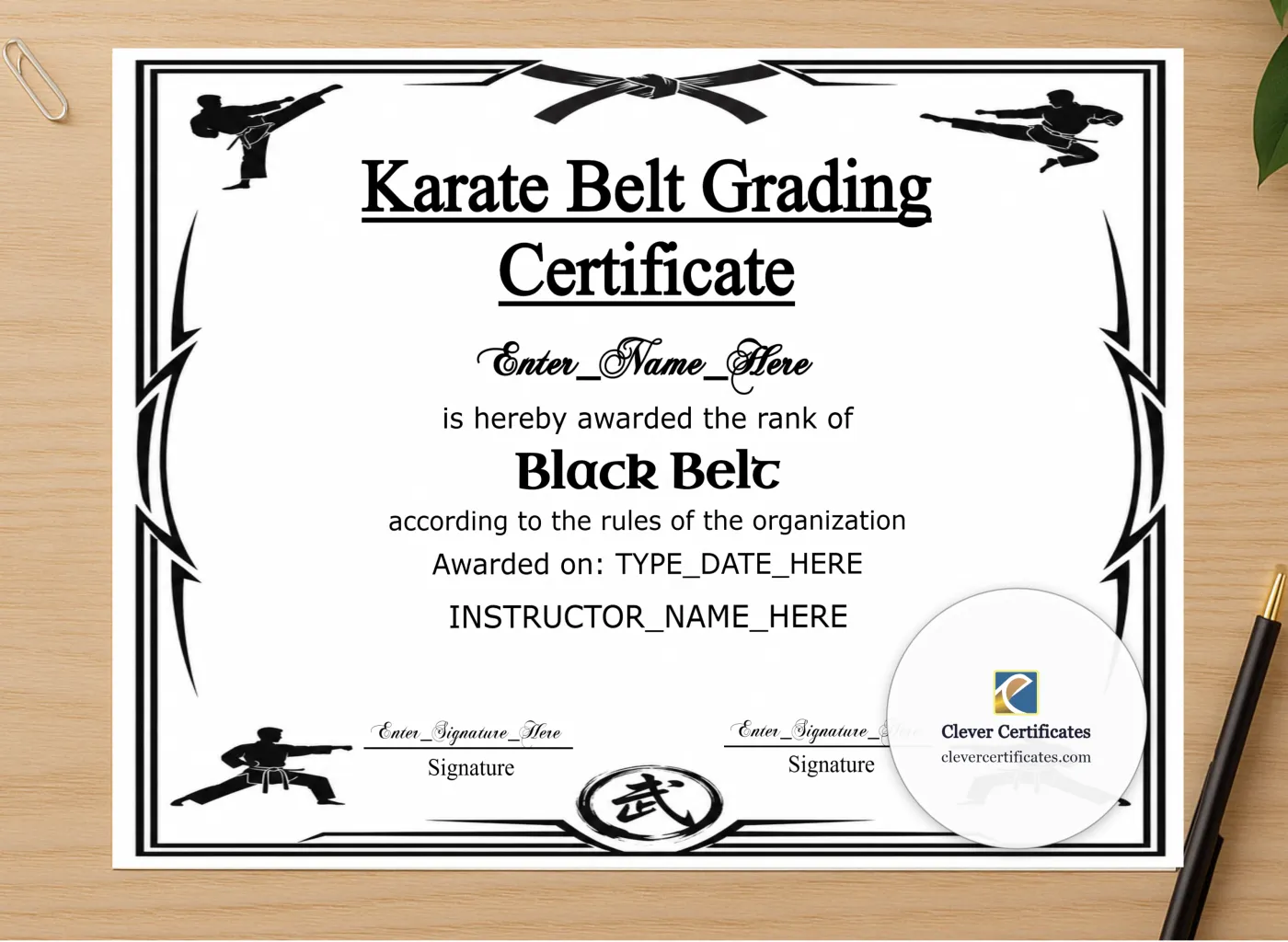 Professional preview of Karate Belt Grading Certificate certificate on high-quality stationery paper, ideal for showcasing the final look.