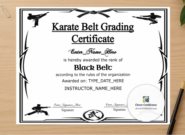 Professional preview of Karate Belt Grading Certificate certificate on high-quality stationery paper, ideal for showcasing the final look.