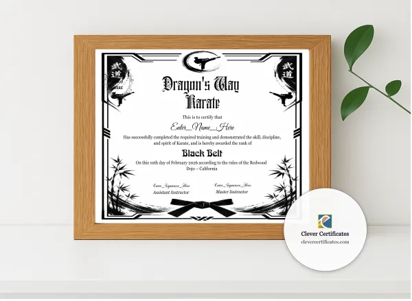 Realistic mockup featuring Kids Karate Belt Promotion Certificate displayed within a modern frame, set against a minimalistic background.