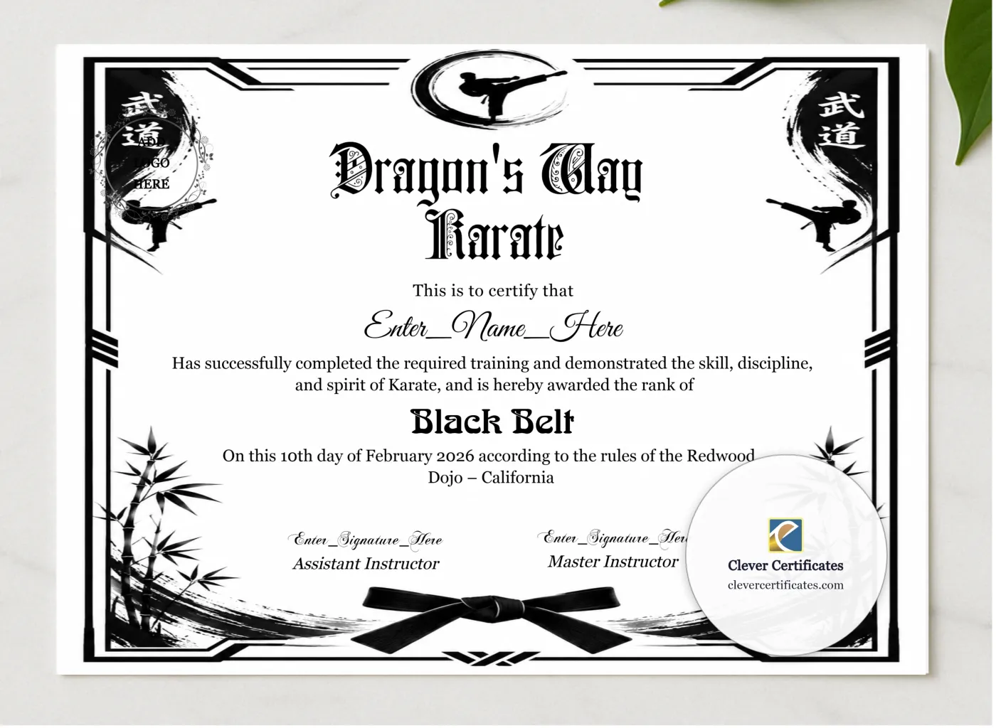 Kids Karate Belt Promotion Certificate presented in a sleek wooden frame, elegantly arranged on a stylish table.