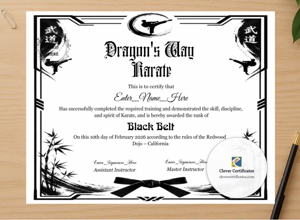 Professional preview of Kids Karate Belt Promotion Certificate certificate on high-quality stationery paper, ideal for showcasing the final look.