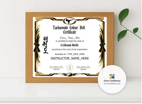 Realistic mockup featuring Taekwondo Color Belt Certificate displayed within a modern frame, set against a minimalistic background.
